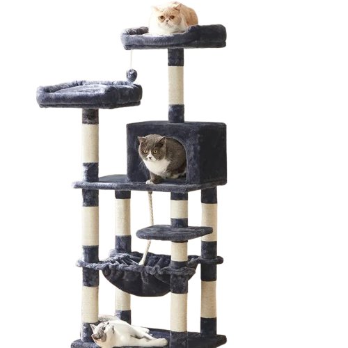 Albero per Gatti Feandrea 143 cm Tiragraffi con 11 Pali, 2 Posatoi, Grotta, Amaca e Pompon in Peluche, a Più Livelli
