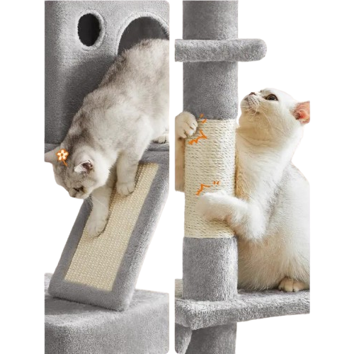 FEANDREA Albero per Gatti XXL 206 cm  Tiragraffi per Gatti Adulti con 13 Graffiatoi, 2 Posatoi, 2 Grotte, Cesto e Pompon - Peluche a Più Livelli per Interno