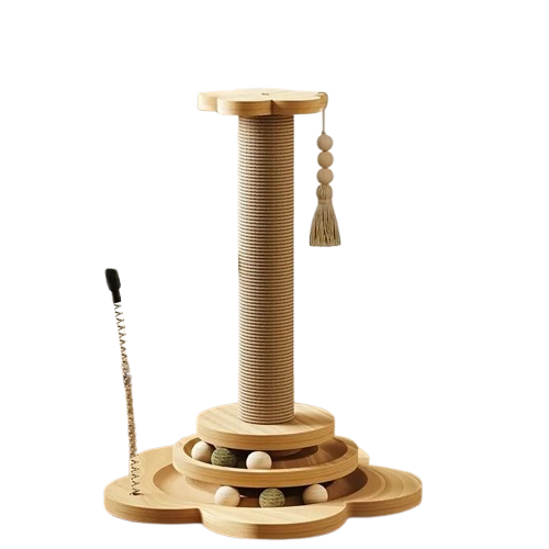 Solid Wood Cat Scratching Post with Sisal and Toy Stick 